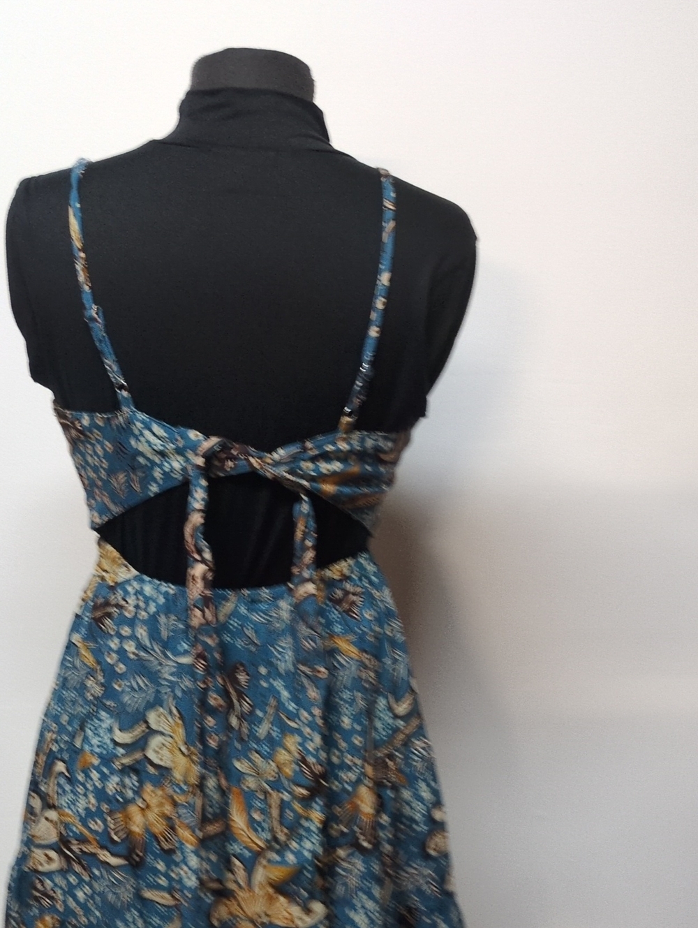 Angie Boho Floral Tie Back Cutout Tiered Mini Dress Teal Yellow, Size L - Picture 8 of 11